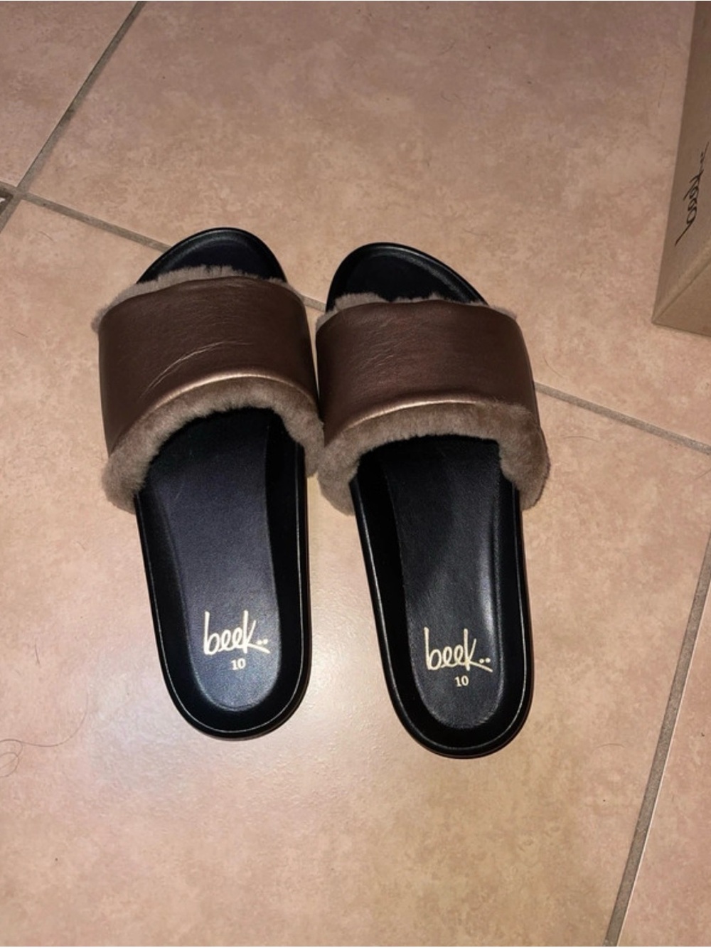 Beek Gallito Shearling Slide Sandal, black and mocha
